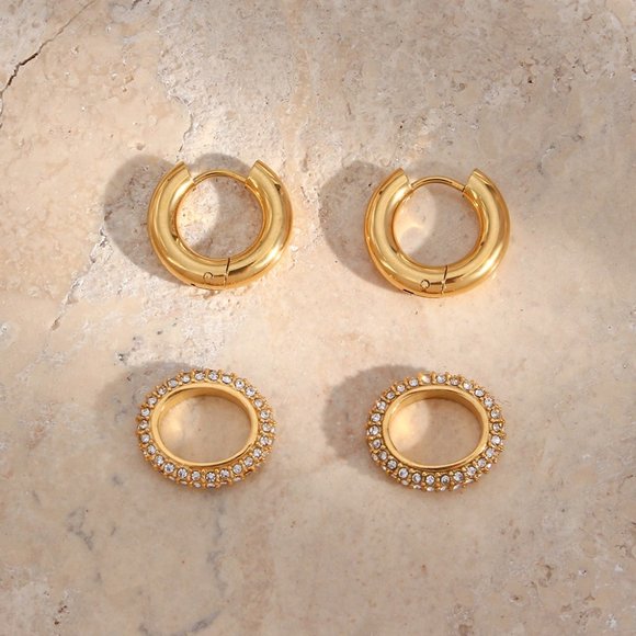 Chunky Micro Pave Zircon Double Hoop Earrings 18K Gold Plated Stainless Steel - Picture 7 of 10